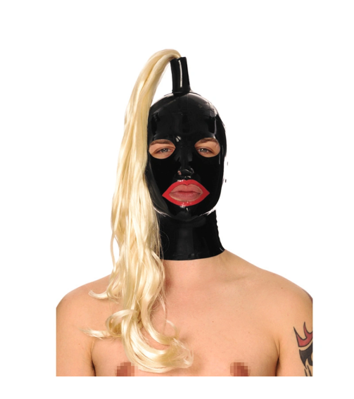 Hot Sale Erotic Head Cover Bondage Natual Latex Bdsm Tight Mask Sex Hood Toy with Hair for Men