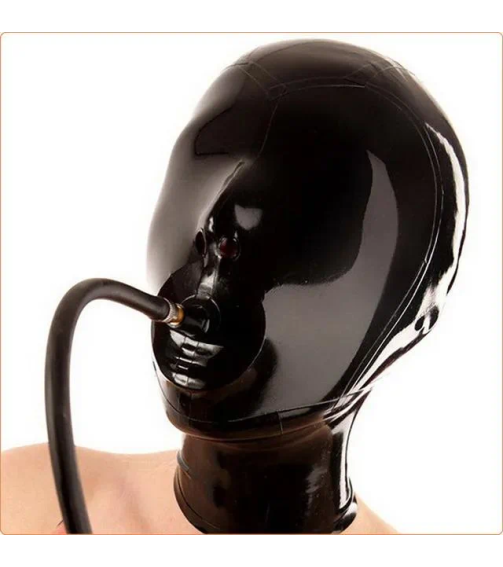 Cosplay Seamless Erotic Head Cover Bondage Natual Latex Bdsm Mask Exposed Eye Mouth Sex Headgear Toy with Inflatable Mouth Gag
