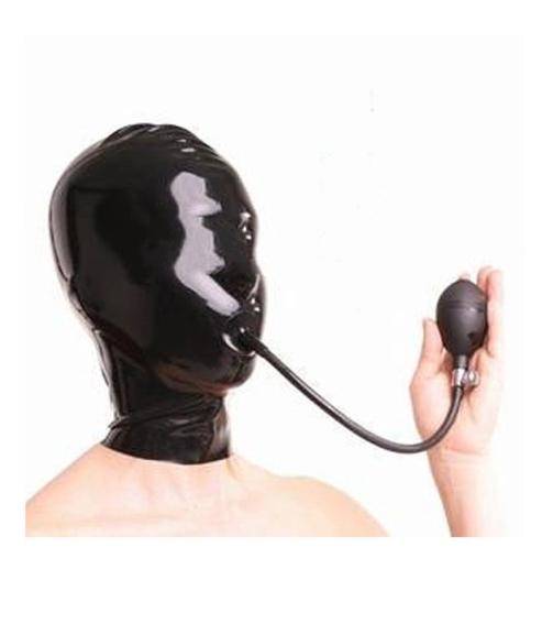Cosplay Seamless Erotic Head Cover Bondage Natual Latex Bdsm Mask Exposed Eye Mouth Sex Headgear Toy with Inflatable Mouth Gag
